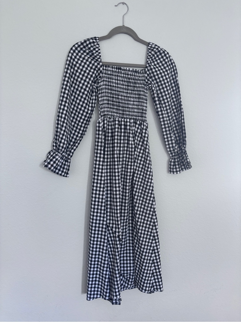 Smocked Gingham Long Sleeve Midi Dress in Black & White